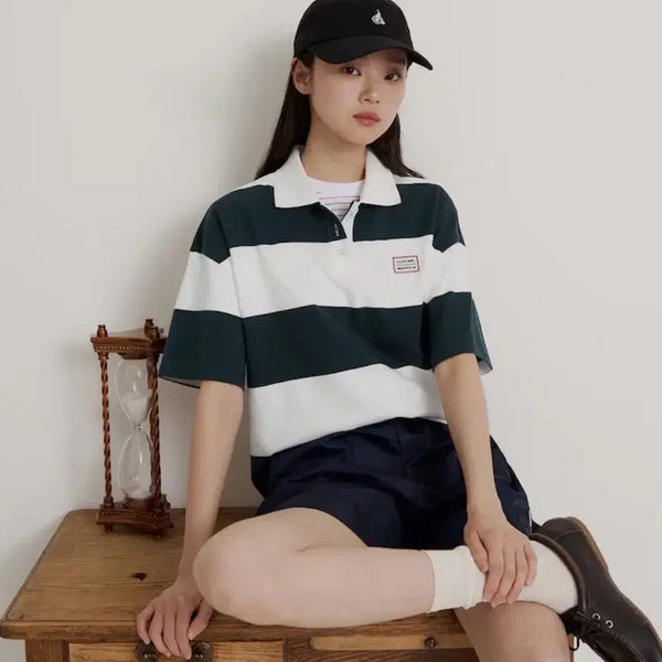 [BUNJANG] Beanpole X Hunter Short Sleeve Oversized Rugby T-Shirt Green / 빈폴 X 헌터 반소매 오버핏 럭비 티셔츠 그린
