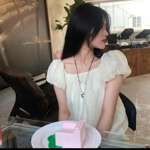 [BUNJANG] Deep Cherry Puff Square Chiffon Short Sleeve Blouse / 딥체리 퍼프 스퀘어 쉬폰 반팔 블라우스