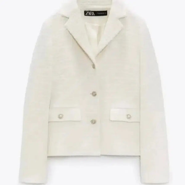 [BUNJANG] Zara Cubic Tweed Jacket White / 자라 큐빅 트위드 자켓 화이트
