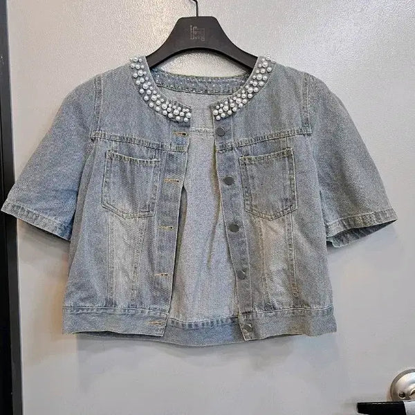 [BUNJANG] Satin Pearl Detail Short Sleeve Denim Jacket / 샤틴. 넥진주 포인트. 반팔청자켓 프리상태깨끗좋아요