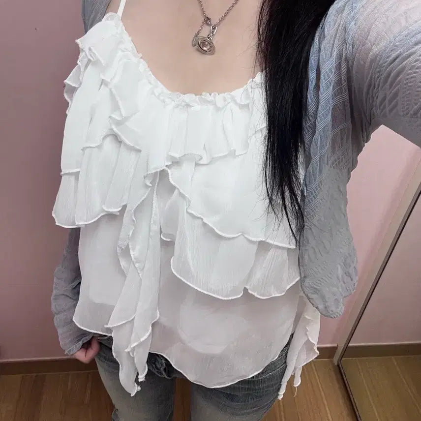 [BUNJANG] Lace Frill Camisole Blouse / 레이스 프릴 나시 블라우스