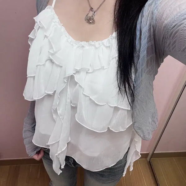 [BUNJANG] Lace Frill Camisole Blouse / 레이스 프릴 나시 블라우스