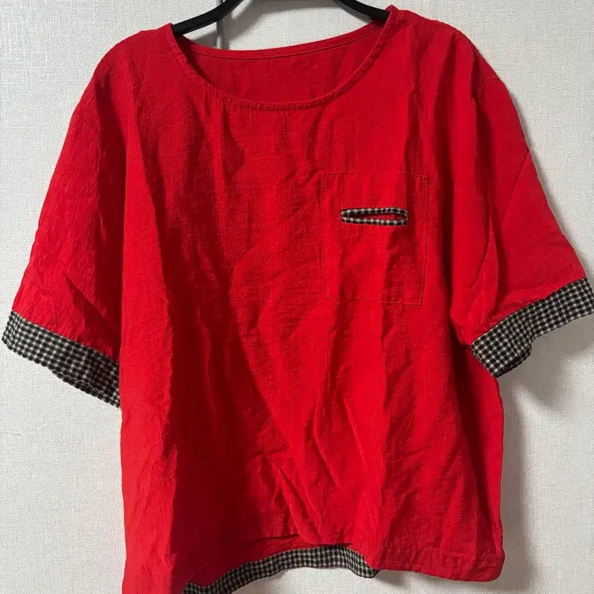 [BUNJANG] Checkered Color Block Collar Blouse T-shirt / 체크 배색 카라 블라우스 티셔츠
