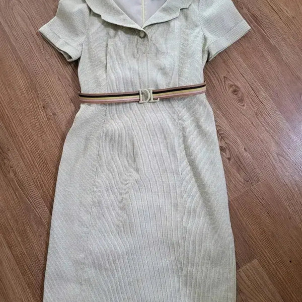[BUNJANG] DEWL Beige Striped Belted Midi Dress Set / DEWL 원피스 /베이지색 스트라이프 원피스 벨트 세트 정품 새제품