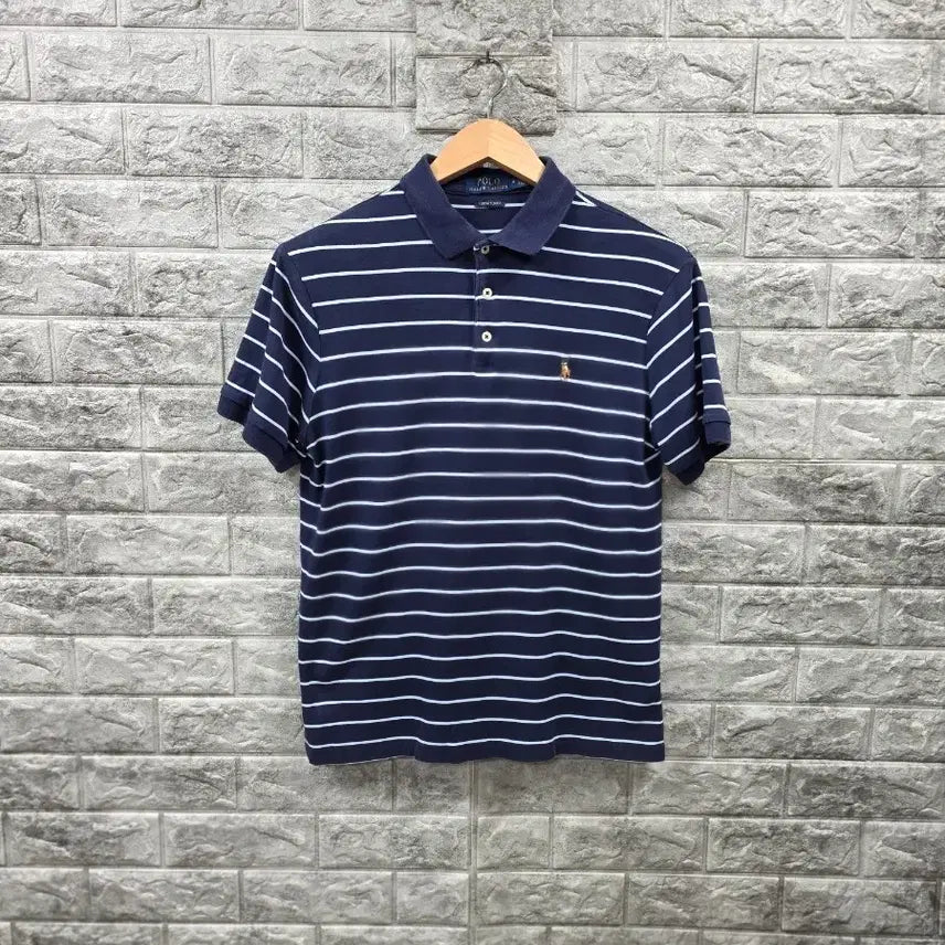 [BUNJANG] Polo Ralph Lauren Striped Short-Sleeve Polo Shirt Navy Size 95 Authentic / 폴로 랄프로렌 스트라이프 반팔 카라티 네이비 사이즈 95 정품 큐알인증