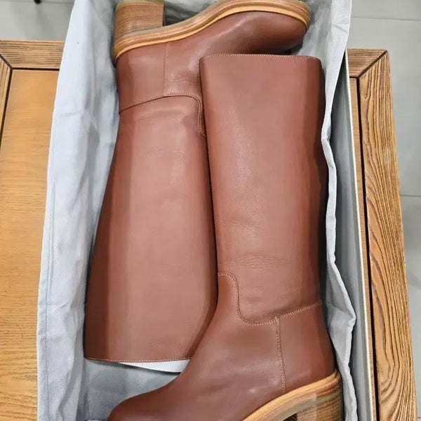 [BUNJANG] LE GRES Oiled Tan Leather Riding Boots / 브라운 가죽 롱 부츠