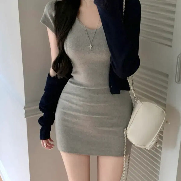 [BUNJANG] Basic Ribbed V-Neck Short Sleeve Mini Dress / [F] 기본 골지 브이넥 미니 원피스 반팔