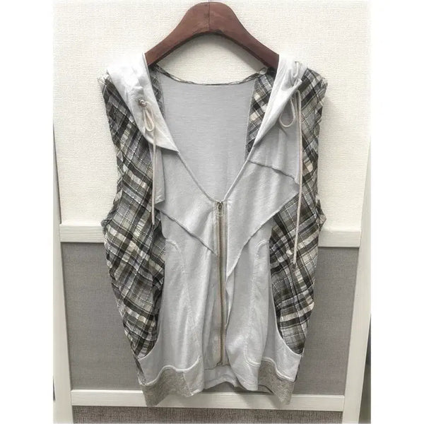 [BUNJANG] Odomak Check Layered Hooded Zip-Up Vest / 오두막 모리걸 체크 레이어드 후드 조끼 집업