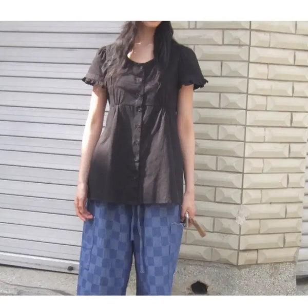 [BUNJANG] Black Frill Short Sleeve Blouse / 블랙 프릴 반팔 블라우스
