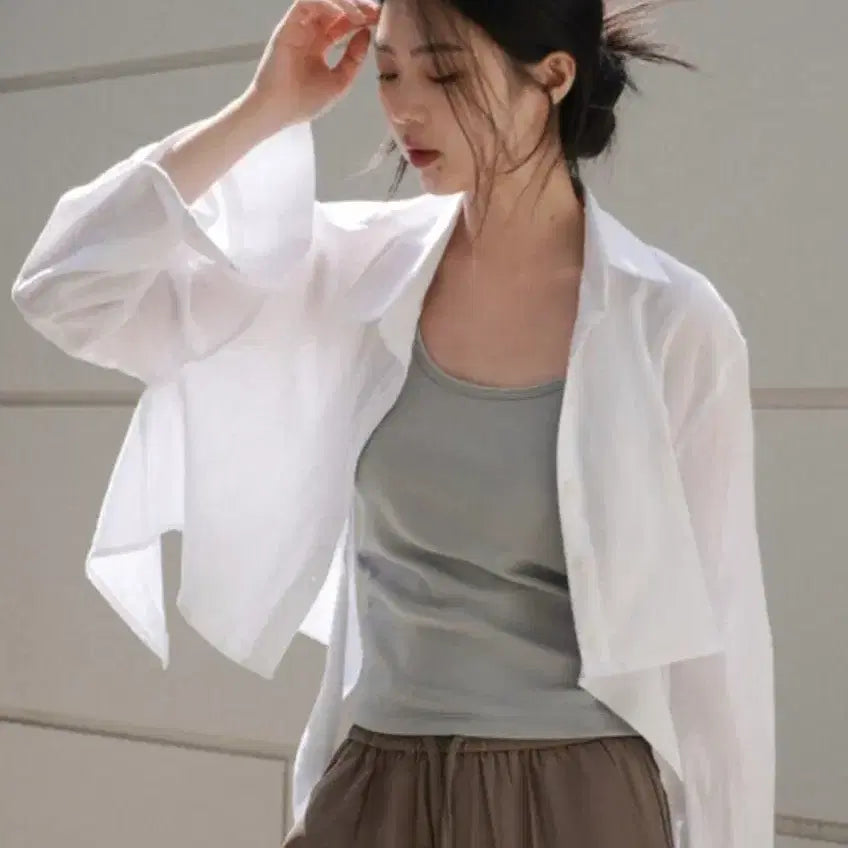[BUNJANG] White See-Through Crop Shirt / 화이트 시스루 크롭 셔츠