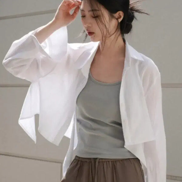 [BUNJANG] White See-Through Crop Shirt / 화이트 시스루 크롭 셔츠