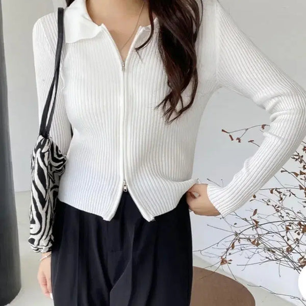 [BUNJANG] White Ribbed Two-Way Zip-Up Knit / 화이트 골지 투웨이 집업 니트