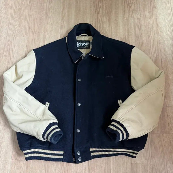 [BUNJANG] Schott Leather Varsity Jacket Navy Cream / Schott 쇼트 레더 바시티 네이비 크림