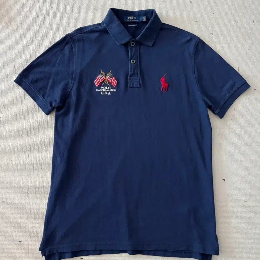 [BUNJANG] Polo Ralph Lauren Chief Keef USA Double American Flag Navy Polo Shirt M / 폴로 치프키프 USA 더블 성조기 네이비 카라티 m