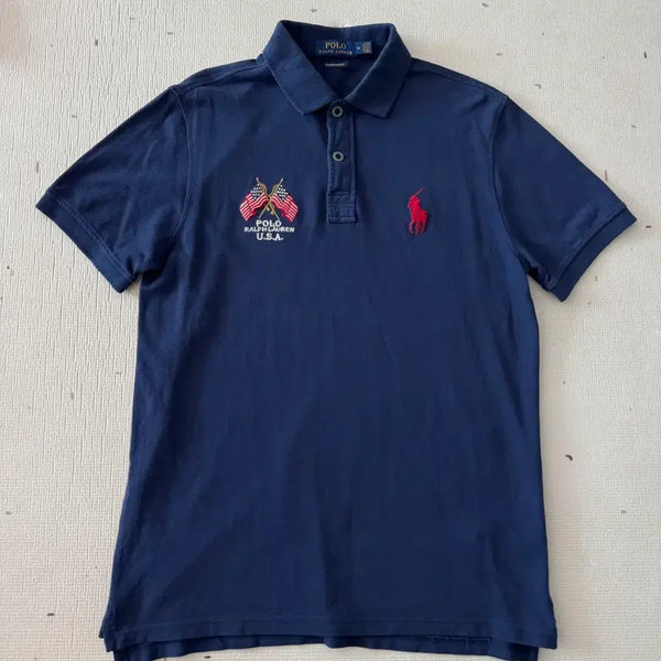 [BUNJANG] Polo Ralph Lauren Chief Keef USA Double American Flag Navy Polo Shirt M / 폴로 치프키프 USA 더블 성조기 네이비 카라티 m