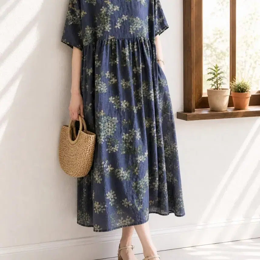 [BUNJANG] Asa Cotton Floral Loose Fit Long Dress - Summer, Plus Size / 새상품) 아사면 플라워 루즈핏 롱원피스 엄마옷 여름원피스 빅사이즈