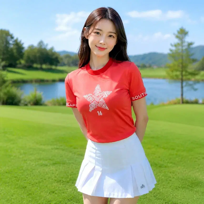 [BUNJANG] Southcape Women's Star Graphic Round Short-Sleeve T-Shirt (Orange, Size L) / [정품/새상품]사우스케이프 골프 여성 스타 그래픽 라운드 반팔 티셔츠 L