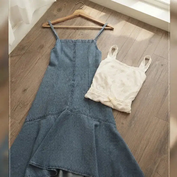 [BUNJANG] Denim Mermaid Pinafore Long Dress / 데님 머메이드 멜빵 롱 원피스 (청 원피스)