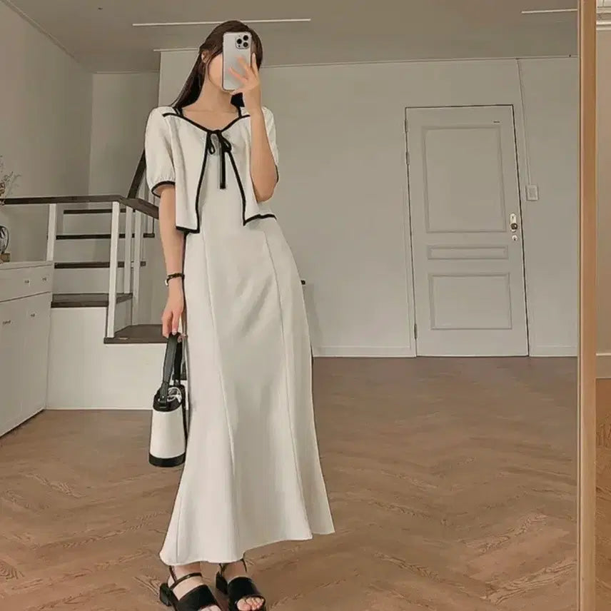 [BUNJANG] Color Block Long Dress with Ribbon Jacket Set / 배색 롱 원피스 리본 자켓 세트