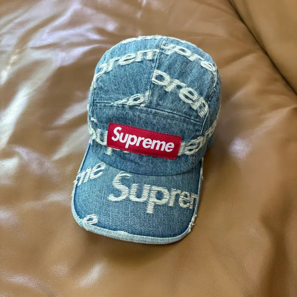 [BUNJANG] Supreme 21SS Frayed Logo Denim Camp Cap / 슈프림 캠프캡 모자 박스로고 프레이드 로고 데님 21SS