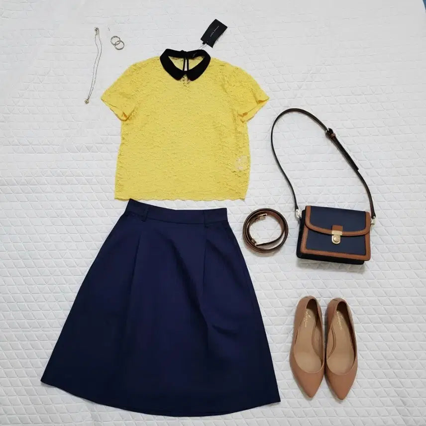 [BUNJANG] Zara Women's Lace Sheer Short Sleeve Blouse - Yellow (S/55) / 55 새상품 자라 여성 블라우스 레이스 시스루 노랑 노란색 반팔 새제품