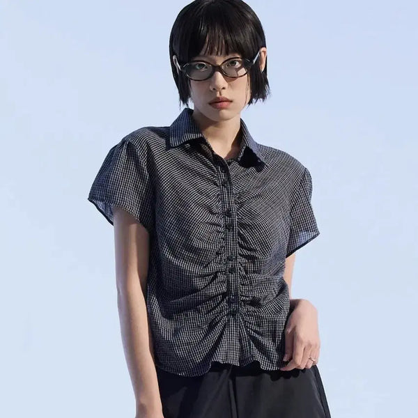 [BUNJANG] Moaa Navy Check Shirring Blouse Half Sleeve / 모아 moaa Geek 하프 셔츠 네이비 체크 셔링 블라우스 반팔 남방