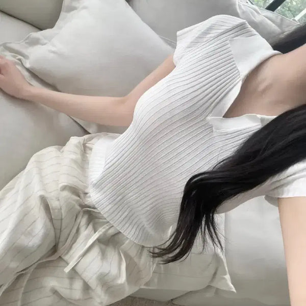 [BUNJANG] Sorbet Ribbed Short Sleeve Polo T-Shirt / 소라 골지 반팔 카라 티셔츠 출근룩 수입의류