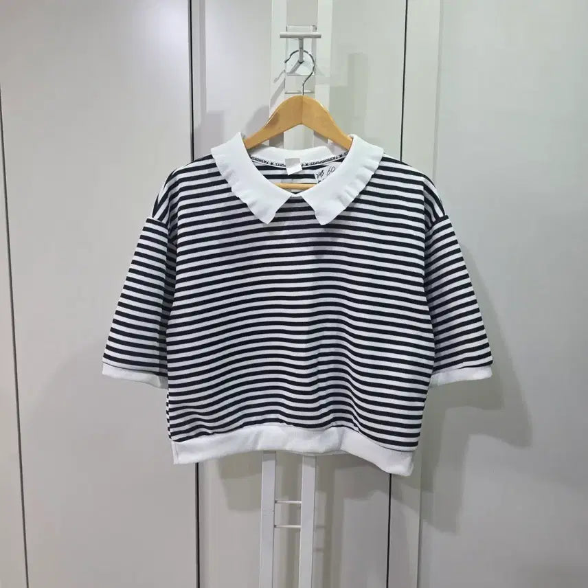 [BUNJANG] Striped Collar Short Sleeve Knit / 단가라 카라 반팔 니트