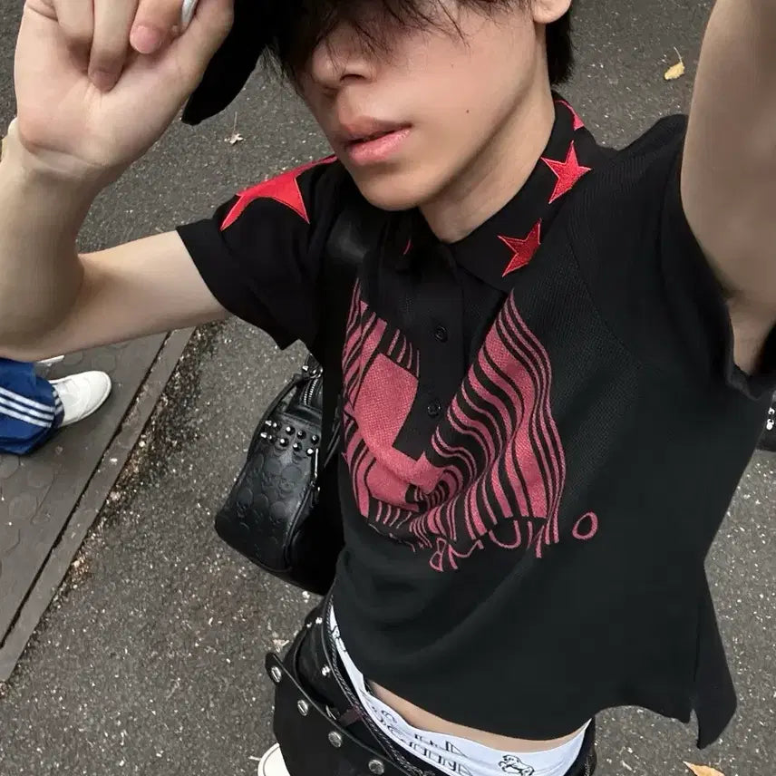 [BUNJANG] Number Asia Black Short Sleeve Polo Shirt with Red Star Pattern / 넘버아시아 폴로티