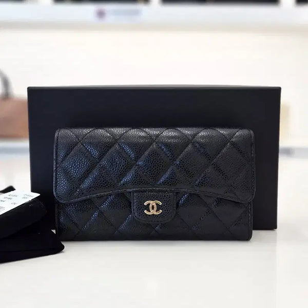 [BUNJANG] Chanel Classic Caviar Long Wallet Black Gold Hardware / 샤넬 클래식 캐비어 블랙 금장 장지갑 20번대 A31506