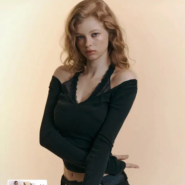 [BUNJANG] Please No Follow Amelia Lace Halter Long Sleeve T-Shirt / 플리즈노팔로우 Amelia Lace Halter Long Sleeve T