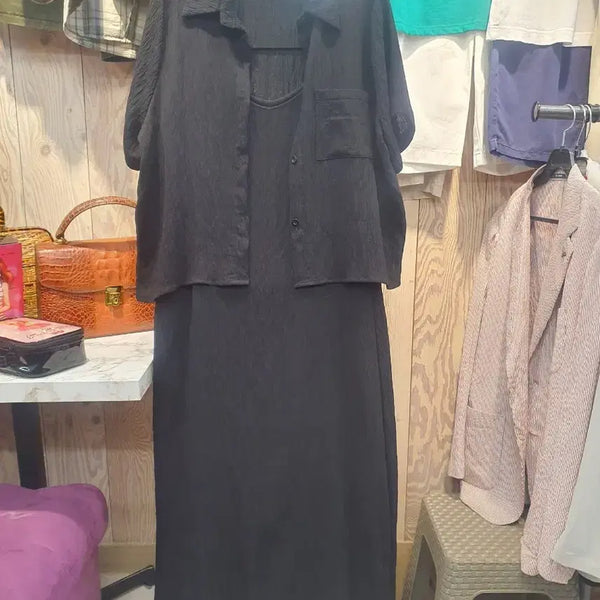 [BUNJANG] Wrinkle Fabric Short-Sleeve Jacket & Spaghetti Strap Long Dress Set / [SET] 주름 원단 반소매 자켓 & 끈나시 롱원피스 세트