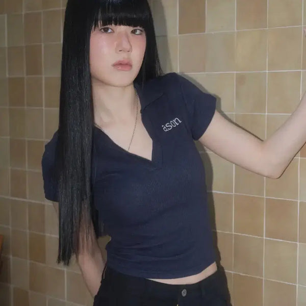 [BUNJANG] Aeon Kara Short-Sleeve T-Shirt Navy / 애즈온 카라 반팔티 네이비