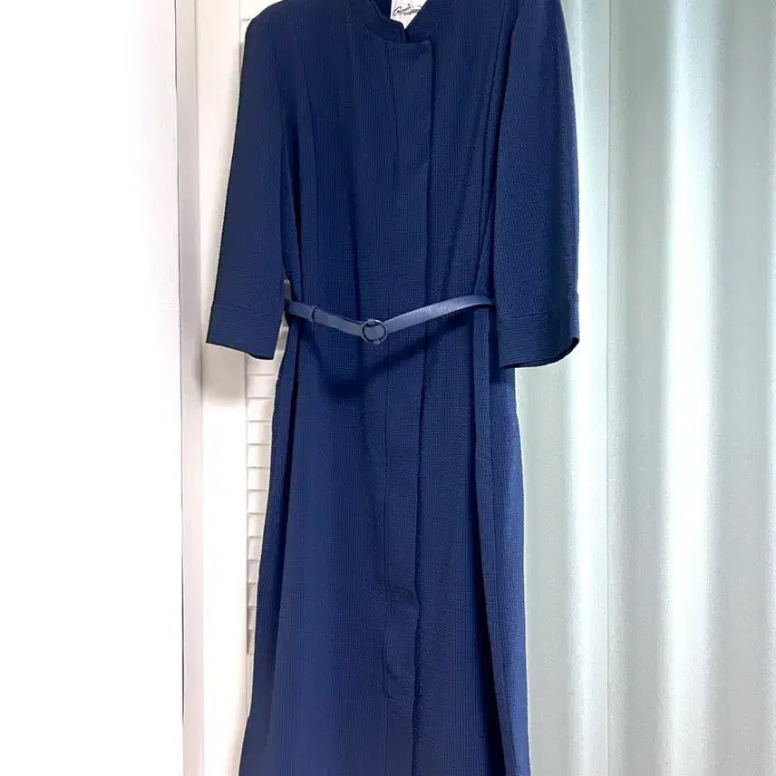 [BUNJANG] Crocodile Lady Navy Pattern Dress with Belt Set / 크로커다일레이디 네이비 패턴 원피스 벨트 세트