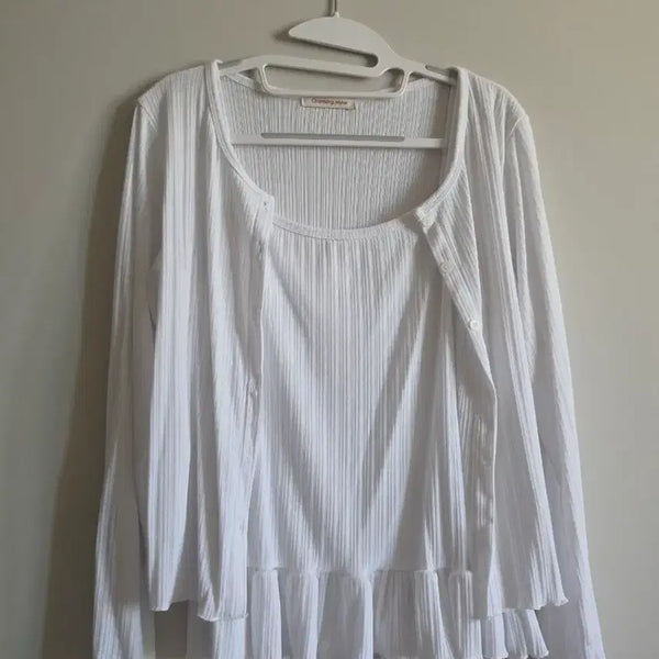 [BUNJANG] White Ribbed Tank Cardigan Set (Plus Size) / 화이트 골지 나시 가디건 세트(빅사이즈)