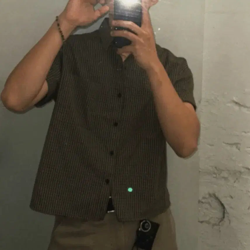 [BUNJANG] Cropped Check Short Sleeve Shirt - Brown / 크롭 체크 반팔 셔츠 브라운