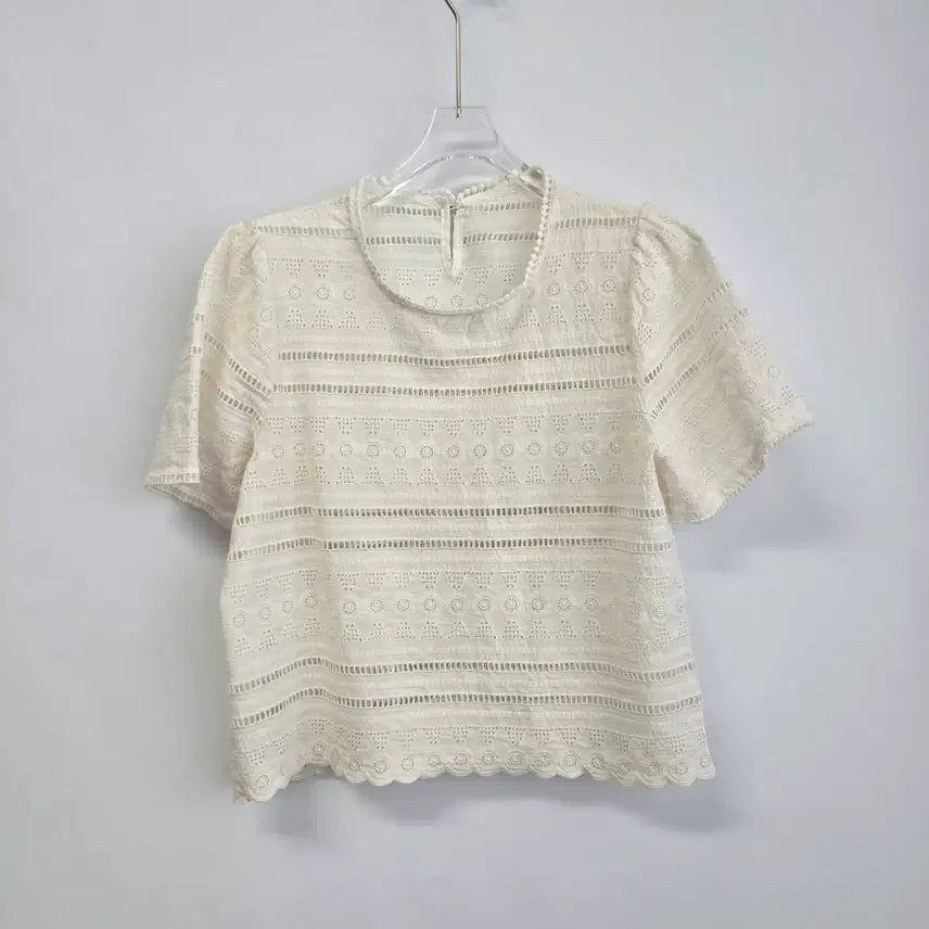 [BUNJANG] Lace Short-Sleeve Blouse - Ivory, Free Size / 1384 레이스 반팔 블라우스 아이보리 F