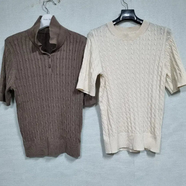 [BUNJANG] Cable Knit Short Sleeve T-Shirt (Brown/Ivory) / 니트 반팔티 브라운/아이보리 2가지 각가격