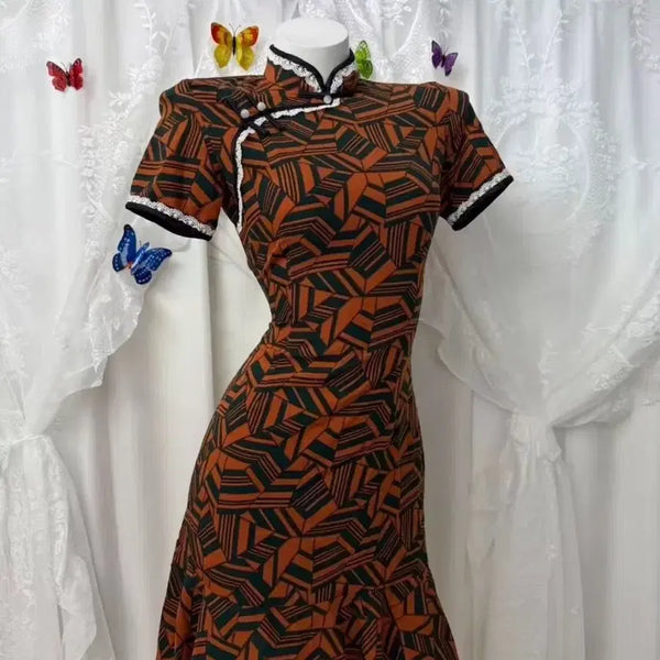 [BUNJANG] Geometric Pattern Modern Cheongsam Mini Dress / 기하학 현대식 치파오