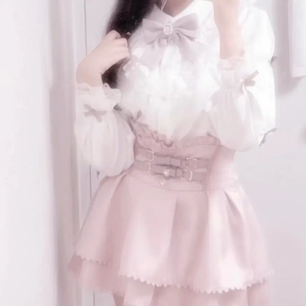 [BUNJANG] Noemie Pink Ribbon Long Sleeve Blouse & Liz Lisa 2-Tier Bell Pink Lace Skirt Set / 양산형 블라우스 양지뢰 스커트 리즈리사 2연벨 노에미 핑크 리본