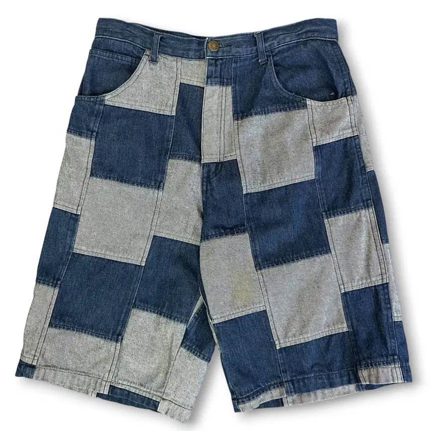 [BUNJANG] Merry Garden Checkerboard Patchwork Denim Half Pants / 메리가든 체커보드 패치워크 데님 하프팬츠M