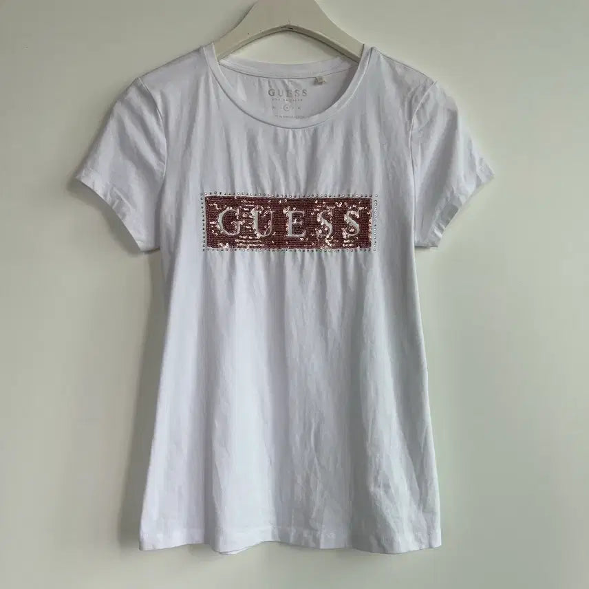[BUNJANG] Guess White Cubic Logo Short Sleeve T-Shirt - Size M / 게스 반팔티 M 화이트 큐빅 로고