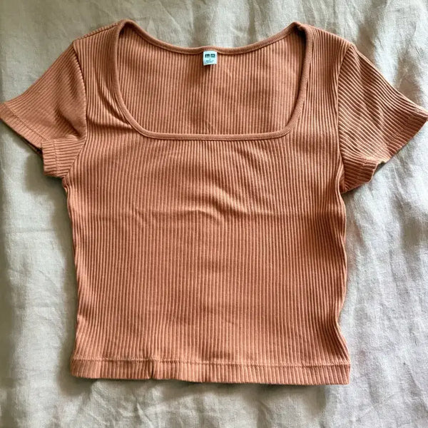 [BUNJANG] Uniqlo Square Neck Ribbed Short Sleeve Top S / 스퀘어 넥 골지 반팔 탑 유니클로 s