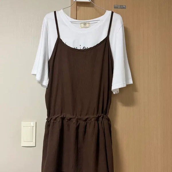 [BUNJANG] Brown Bustier Dress with White T-Shirt Set / 뷔스티에