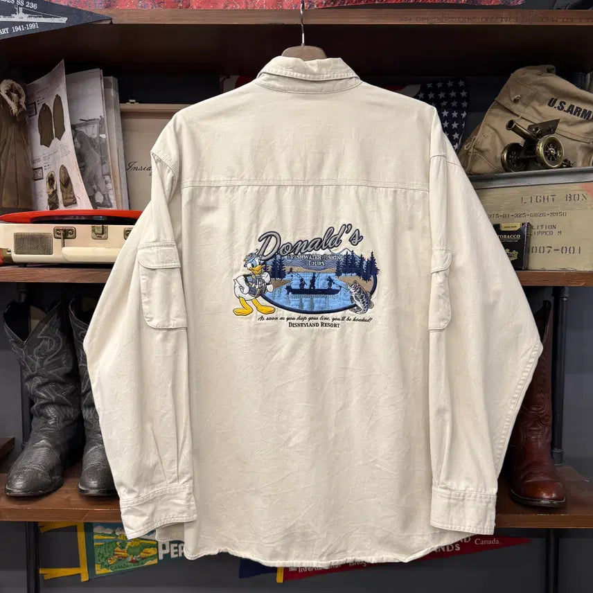 [BUNJANG] Disney Store 90s Donald Duck Embroidered Moleskin Work Shirt / 90s 디즈니 스토어 도날드 덕 후면 자수 몰스킨 워크 셔츠 N1969