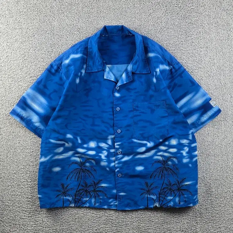 [BUNJANG] SURFING Hawaiian Beach Graphic Cropped T-Shirt / 서핑 그래픽 반팔 셔츠 크롭 커스텀 (  L 추정 ) / 12896