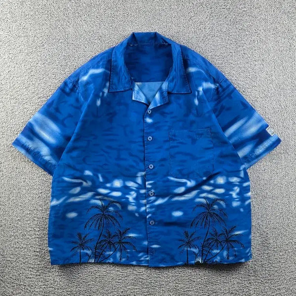 [BUNJANG] SURFING Hawaiian Beach Graphic Cropped T-Shirt / 서핑 그래픽 반팔 셔츠 크롭 커스텀 (  L 추정 ) / 12896