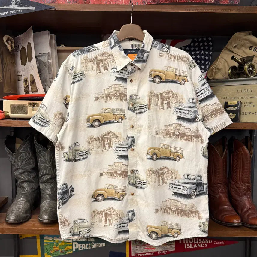[BUNJANG] North River 90s Car Pattern Hawaiian Short Sleeve Shirt XL / 90s North River 자동차 패턴 하와이안 반팔 셔츠 N1973