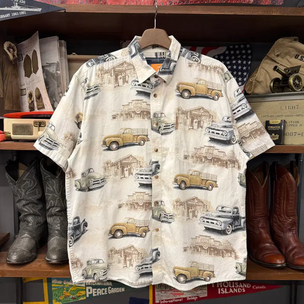 [BUNJANG] North River 90s Car Pattern Hawaiian Short Sleeve Shirt XL / 90s North River 자동차 패턴 하와이안 반팔 셔츠 N1973