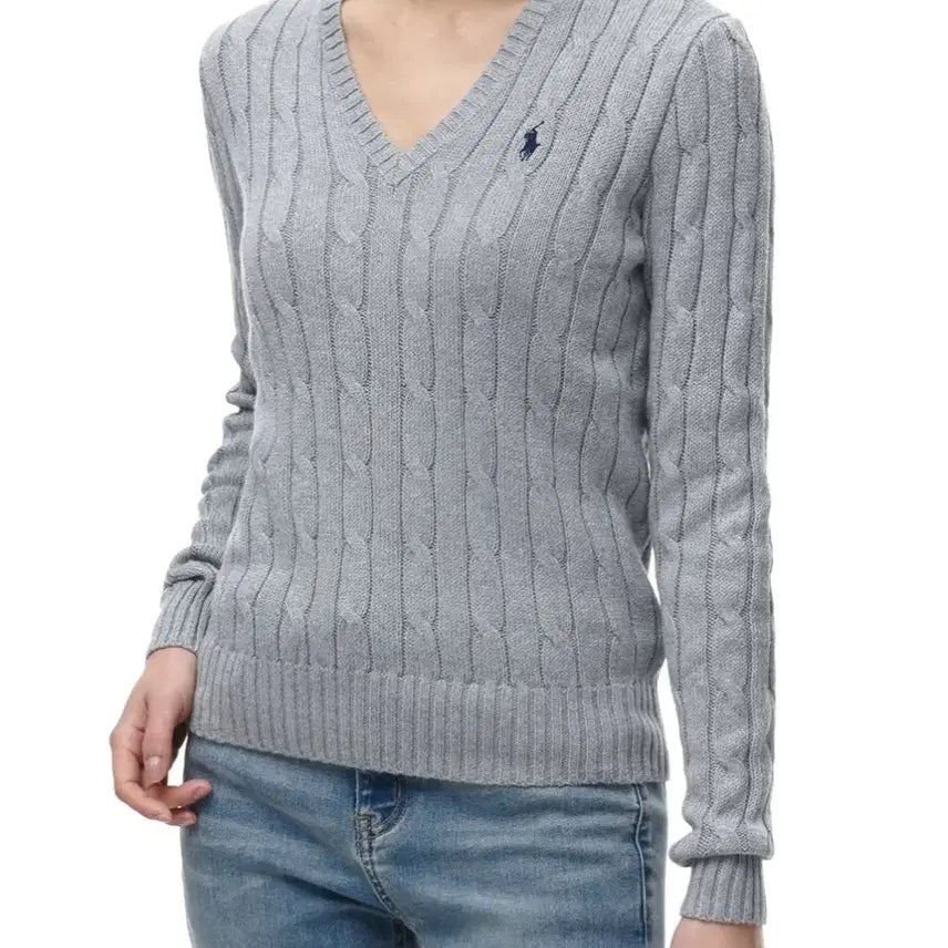 [BUNJANG] Polo Ralph Lauren Cable V-Neck Knit Sweater Grey Navy / 폴로 랄프로렌 케이블 브이넥 니트 M/M
